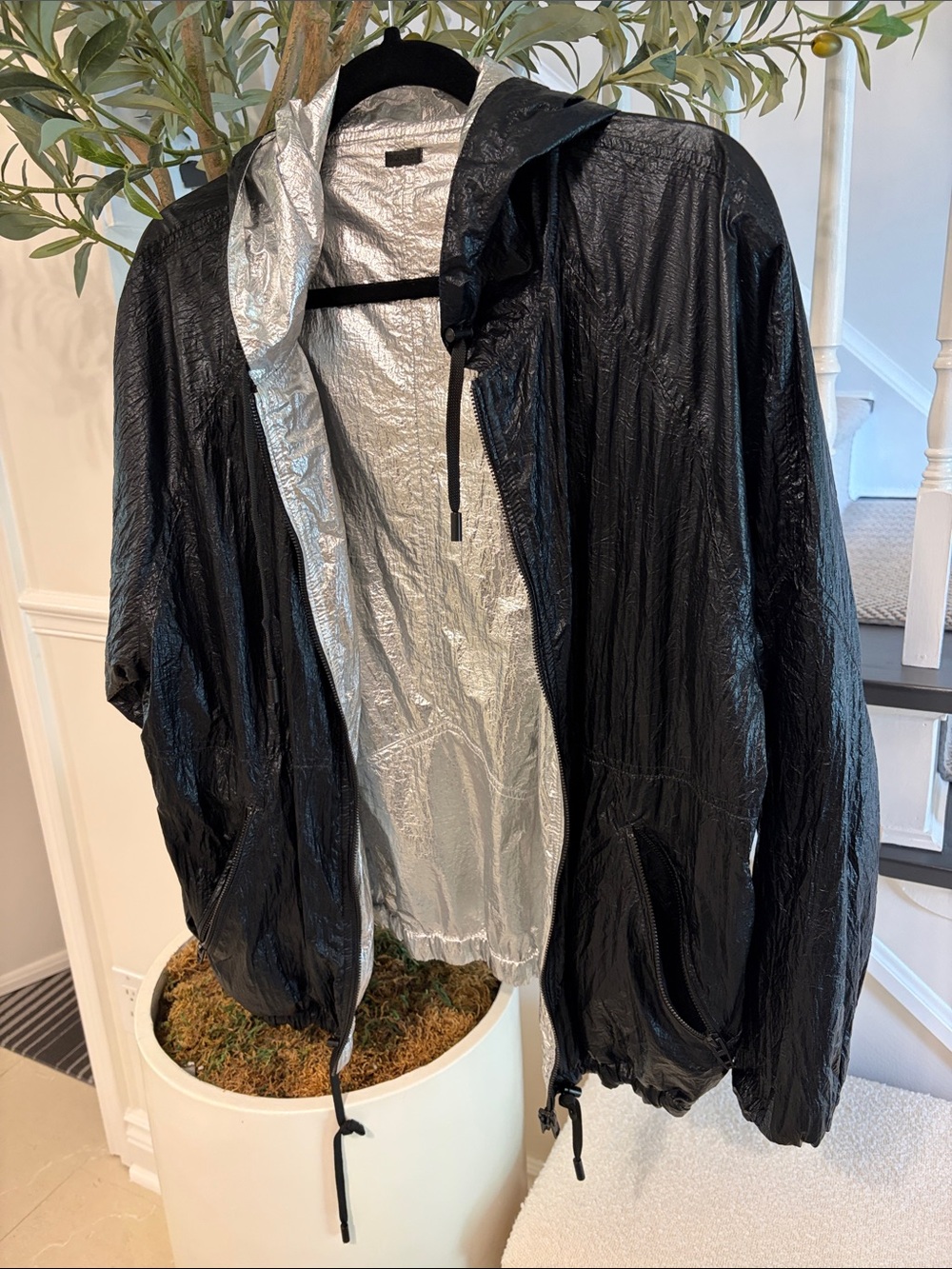 Lightweight Black Hooded Windbreaker Reversible Jacket with Silver Lining